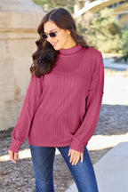 Full Size Ribbed Exposed Seam Mock Neck Knit Top (7)