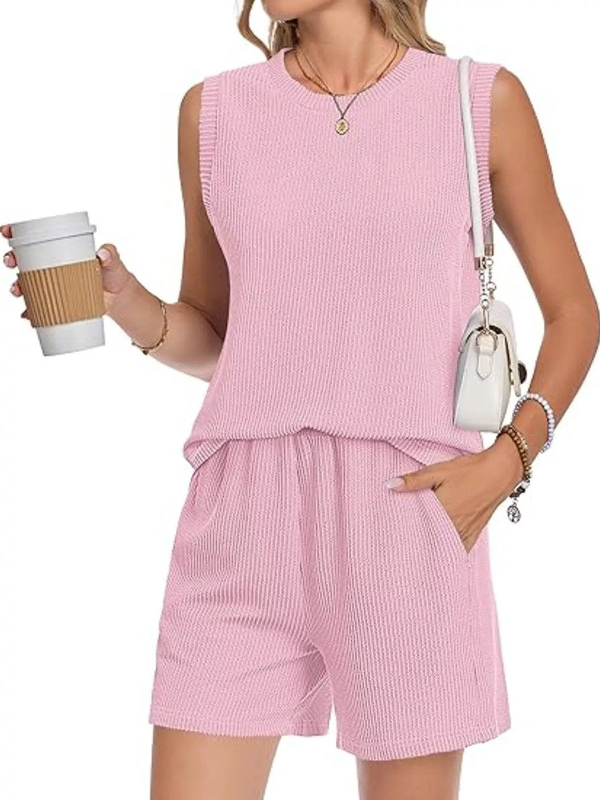 Casual Ribbed Knit Sleeveless Top Shorts Set (18)