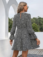 Decorative Button V-neck Flounce Sleeve Dress (9)