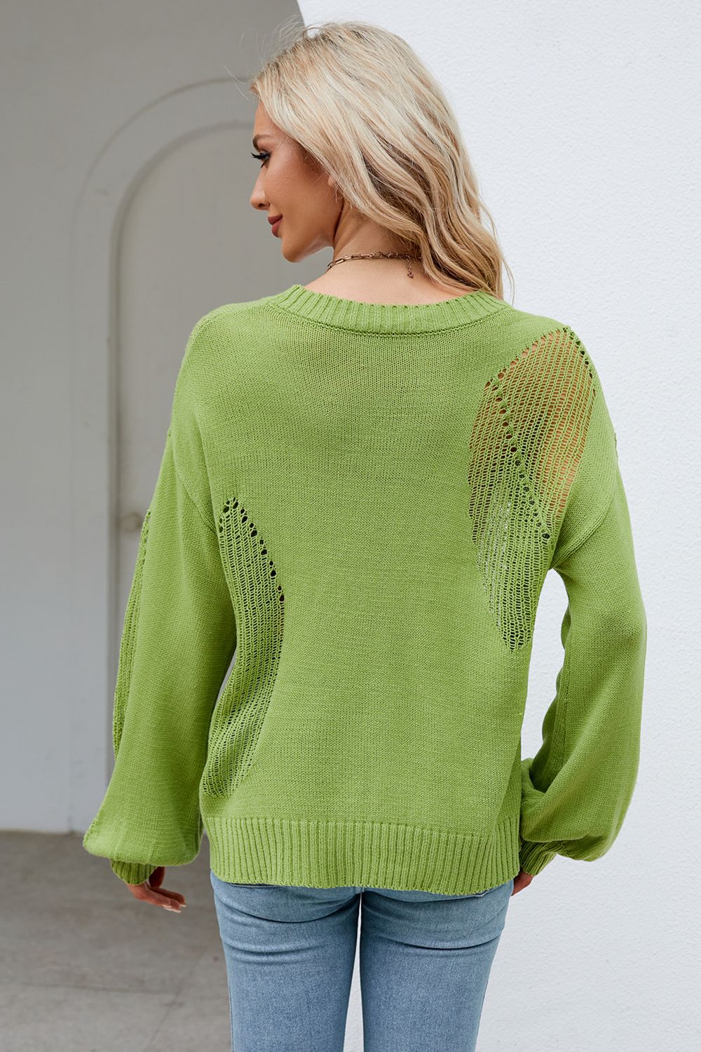 Openwork Round Neck Dropped Shoulder Knit Top (2)