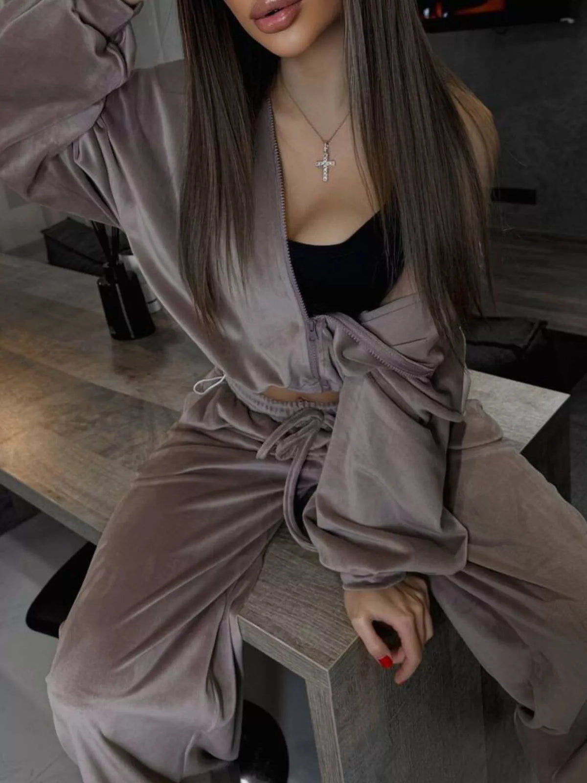 Zip Up Hoodie Wide-leg Pants Set (13)