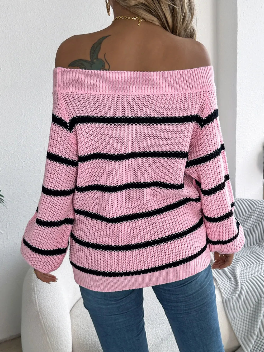 Striped Off-shoulder Long Sleeve Sweater (16)
