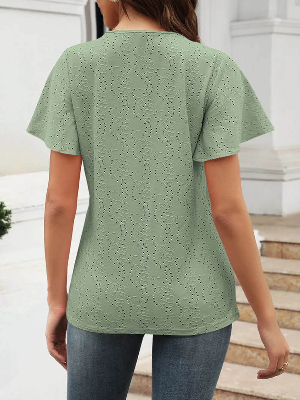 Eyelet V-neck Short Sleeve Blouse (11)