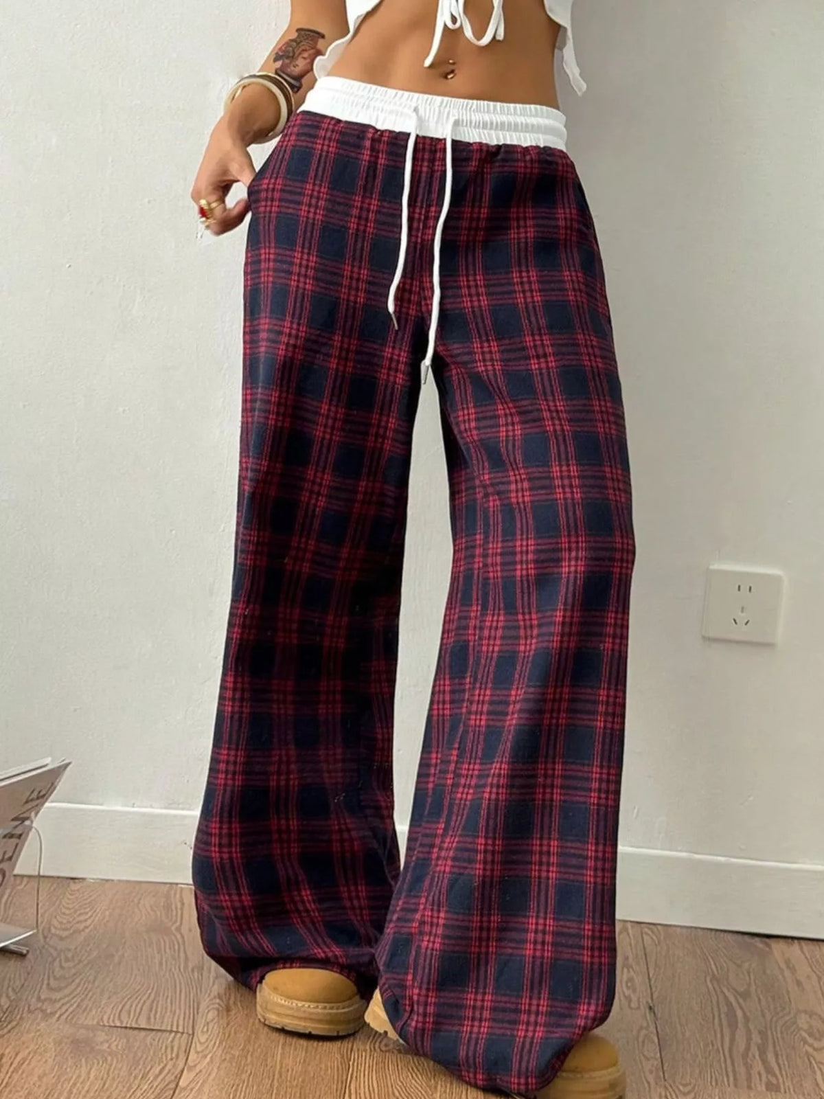 Plaid Wide-leg Pants Elastic Waistband (11)