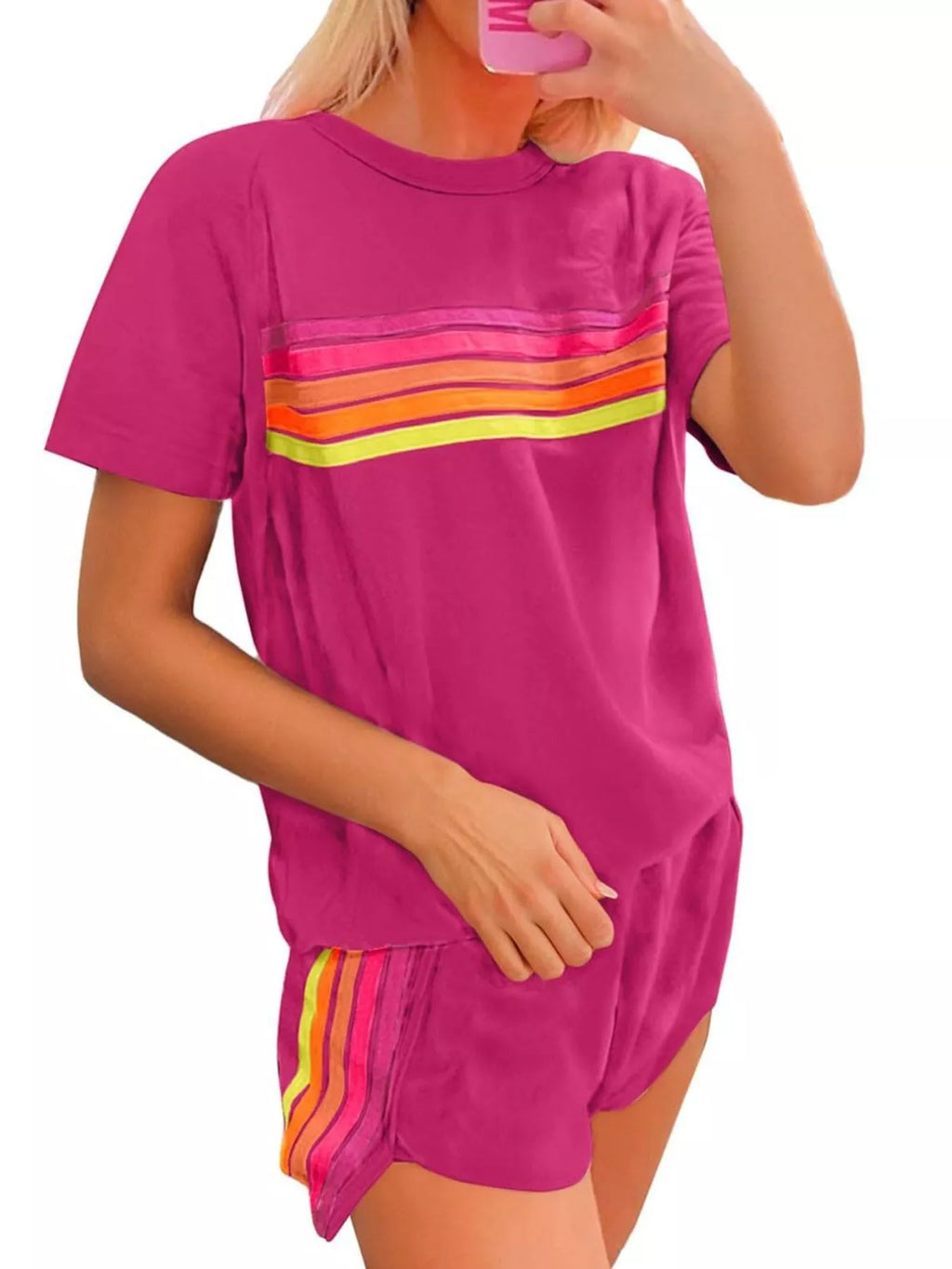 Rainbow Striped Round Neck Top Shorts Set (11)