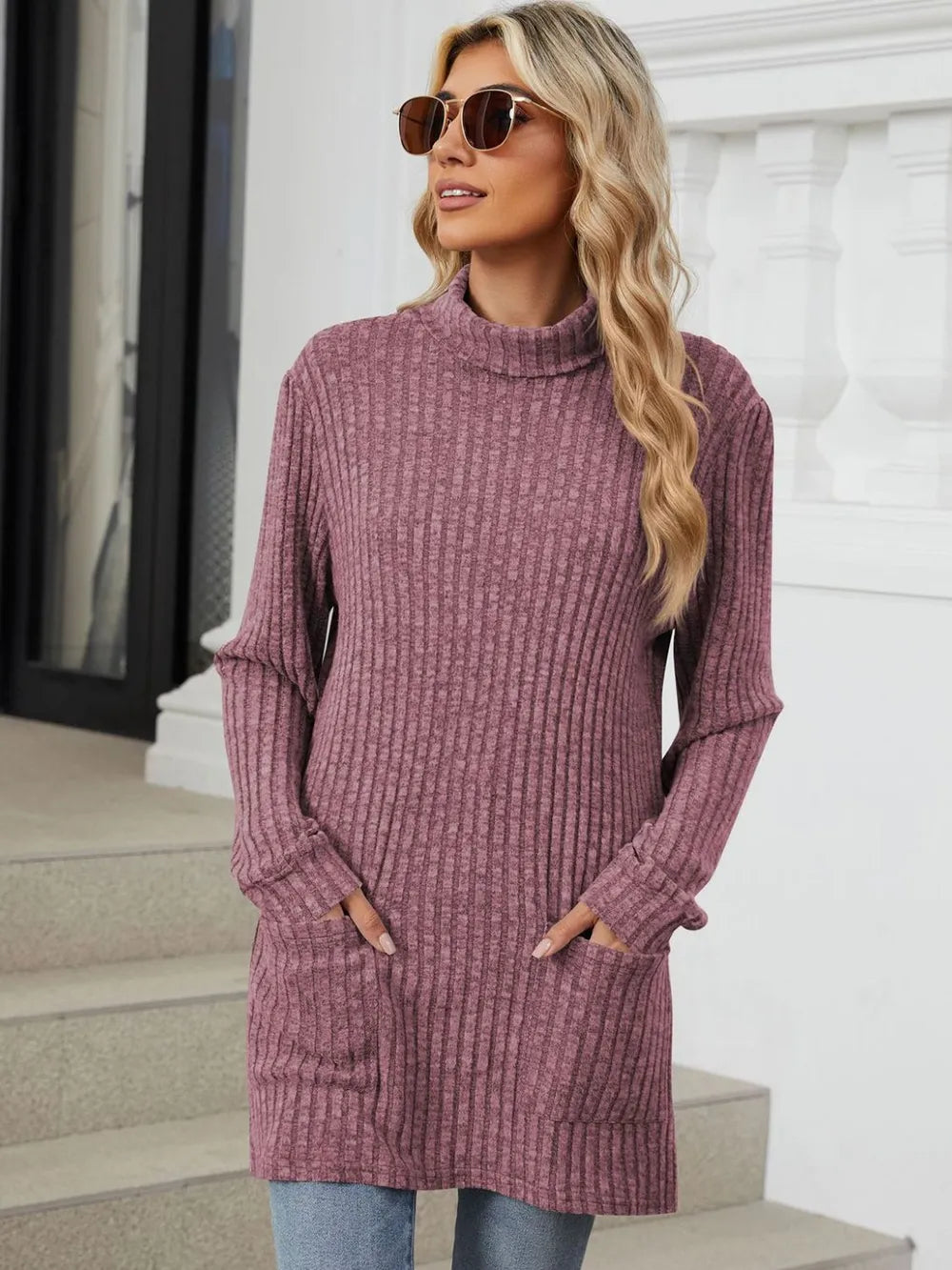 Ribbed Mock Neck Long Sleeve T-shirt