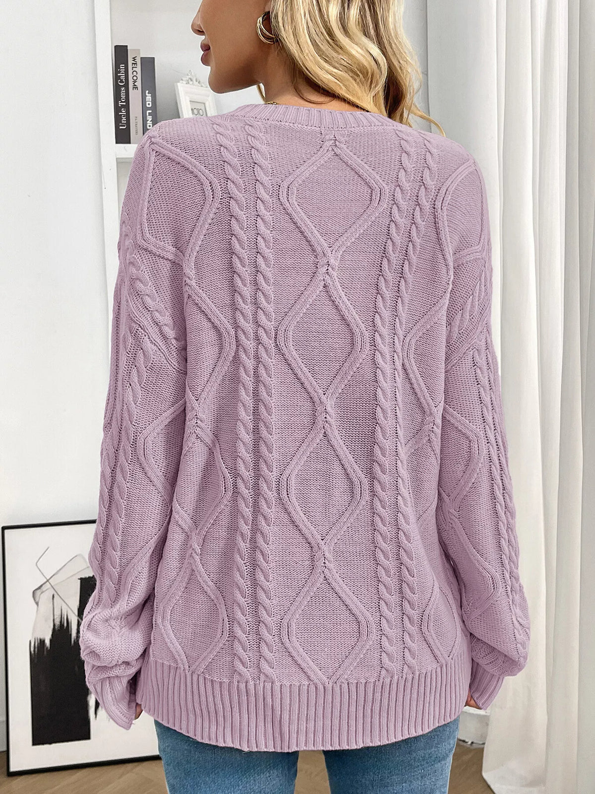 Cable Knit Round Neck Long Sleeve Sweater (5)