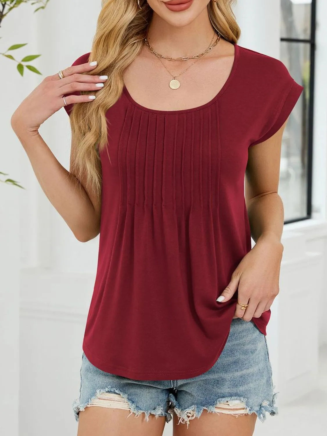 Pleated Front Scoop Neck T-shirt (10)