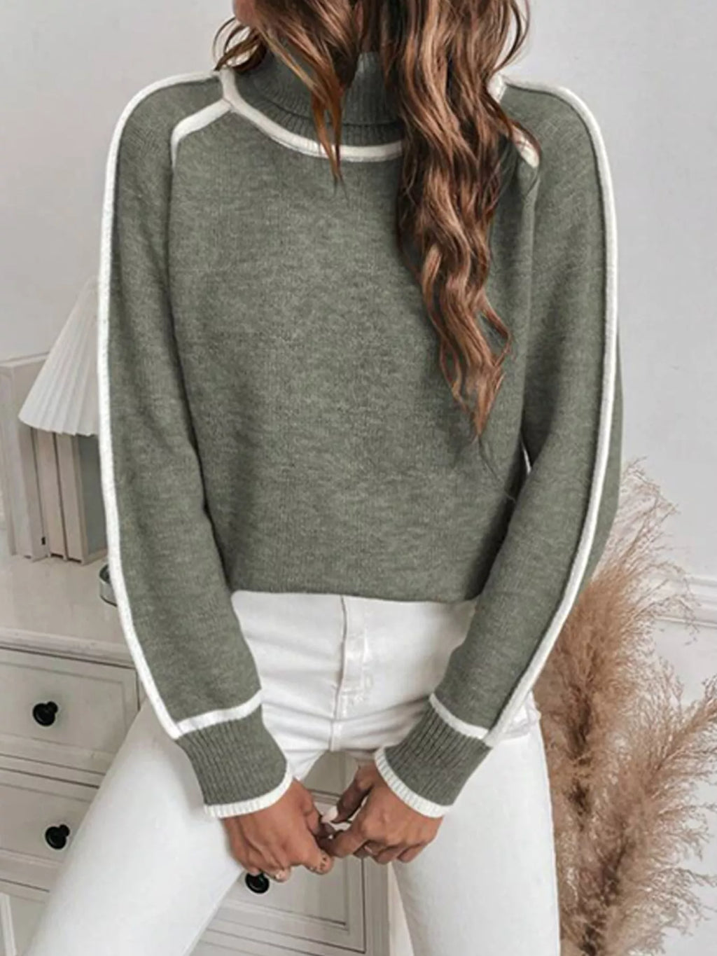 Full Size Contrast Trim Ribbed Hem Turtleneck Sweater Plus