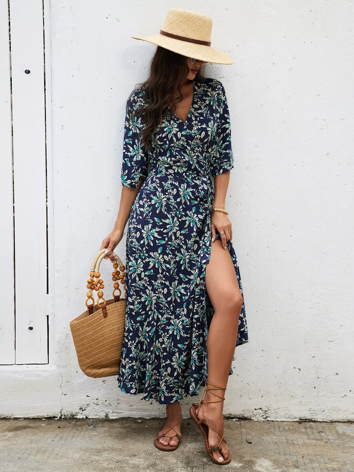 Slit Printed Surplice Midi Dress (6)