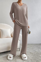 Ribbed V-neck Top Pants Set