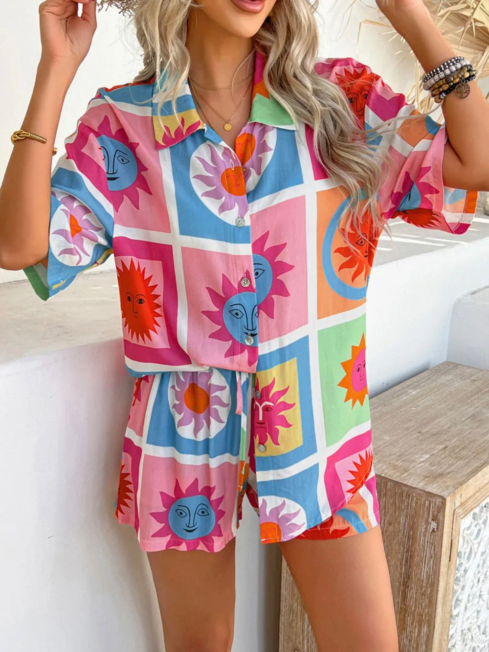 Printed Button Down Shirt Shorts Set (31)