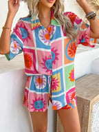 Printed Button Down Shirt Shorts Set (31)
