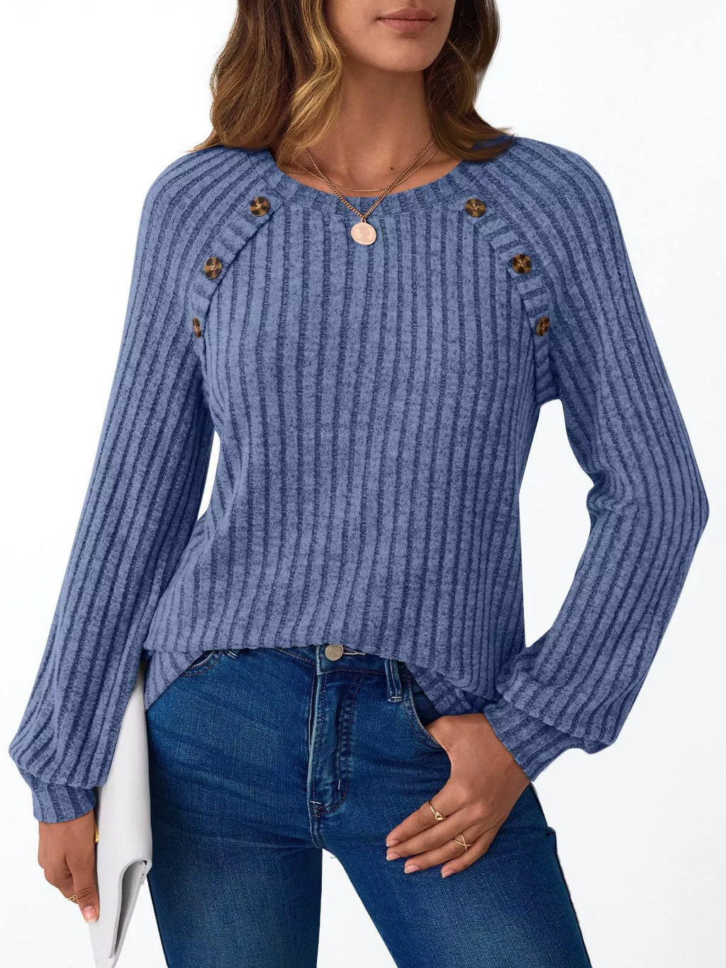 Ribbed Knit Decor Button Long Sleeve T-shirt (18)