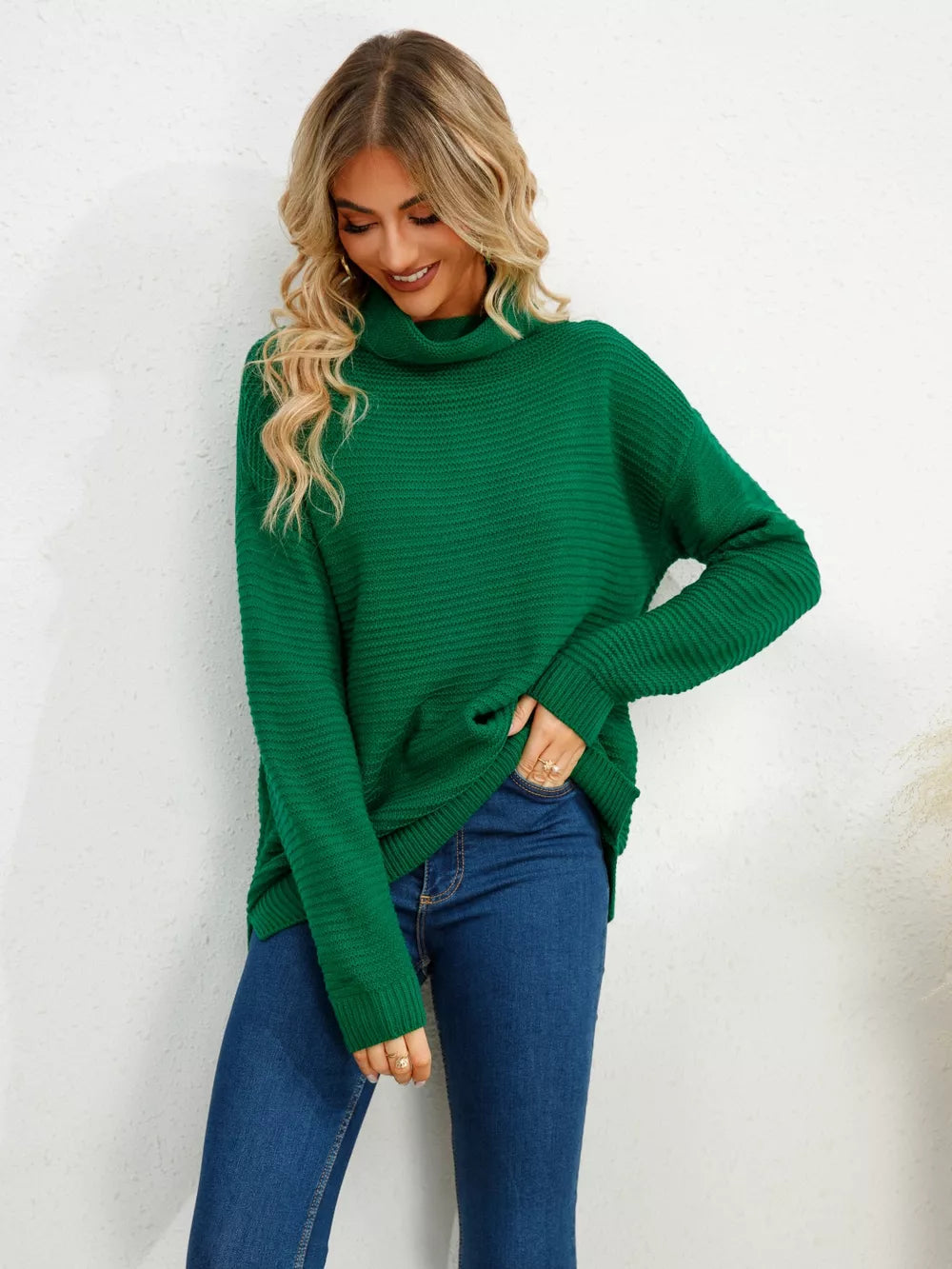 Slit Turtleneck Dropped Shoulder Sweater (4)