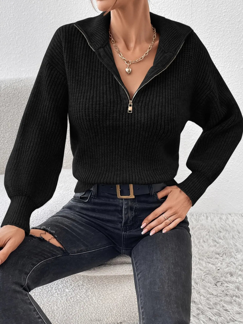 Half Zip Dropped Shoulder Sweater (7)
