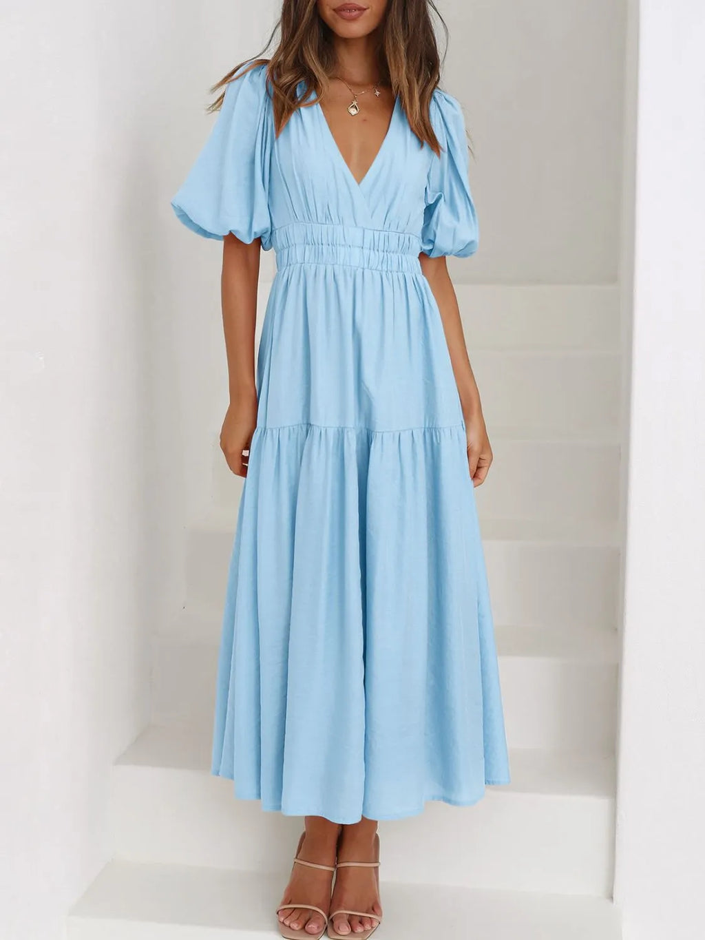 V-neck Puff Sleeve Midi Dress (2)