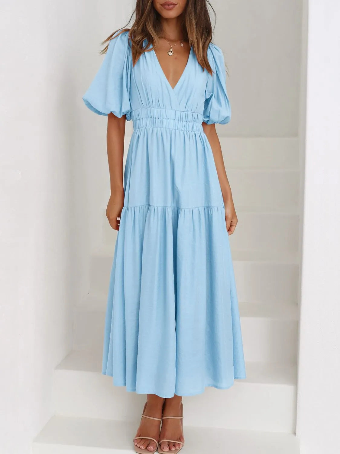 V-neck Puff Sleeve Midi Dress (2)
