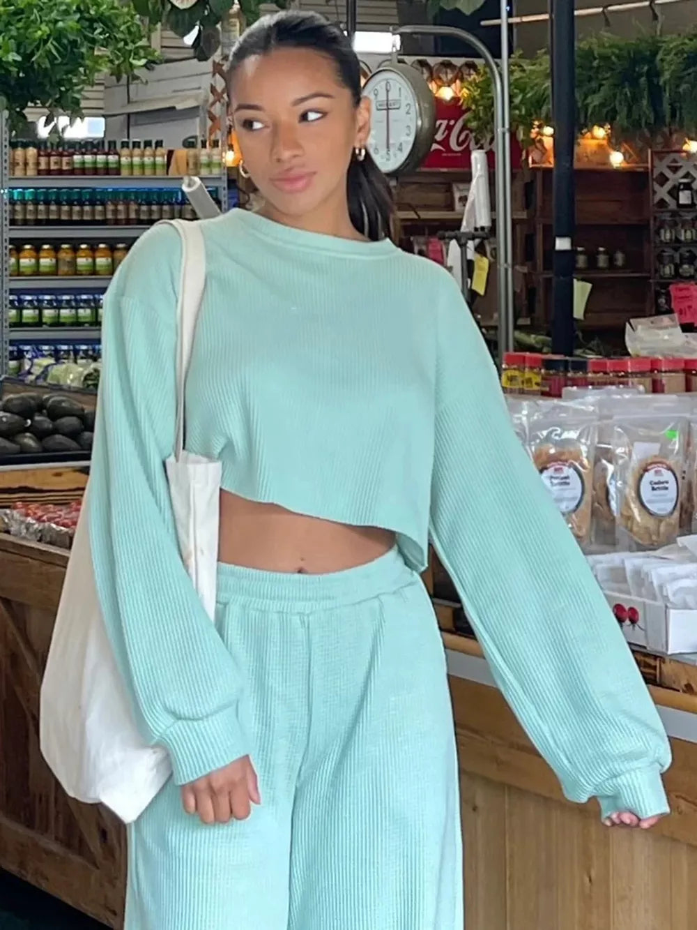 Waffle-knit Round Neck Top Pants Set (16)