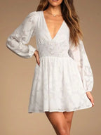 Smocked V-neck Balloon Sleeve Dress (8)