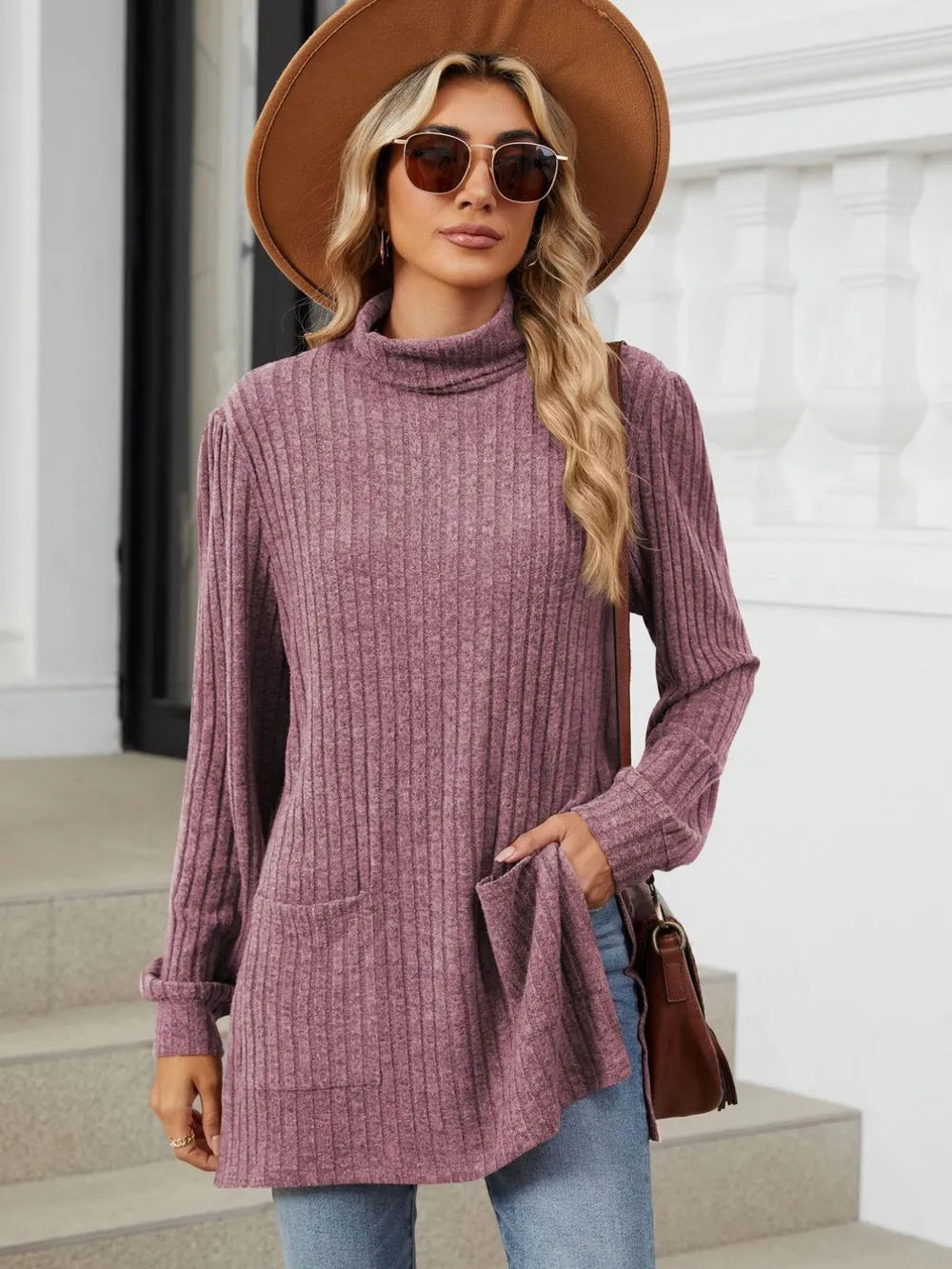 Slit Mock Neck Long Sleeve T-shirt (11)