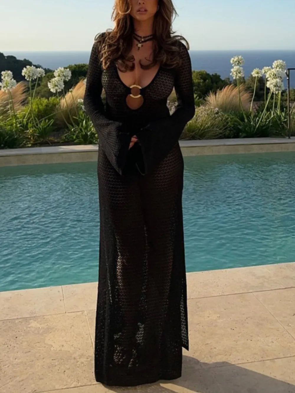 Slit Plunge Flare Sleeve Cover-up Dress (11)