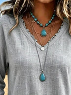 V-neck Frayed Hem Long Sleeve T-shirt (5)