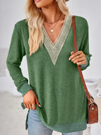 Crochet Contrast V-neck Long Sleeve Slit T-shirt (17)