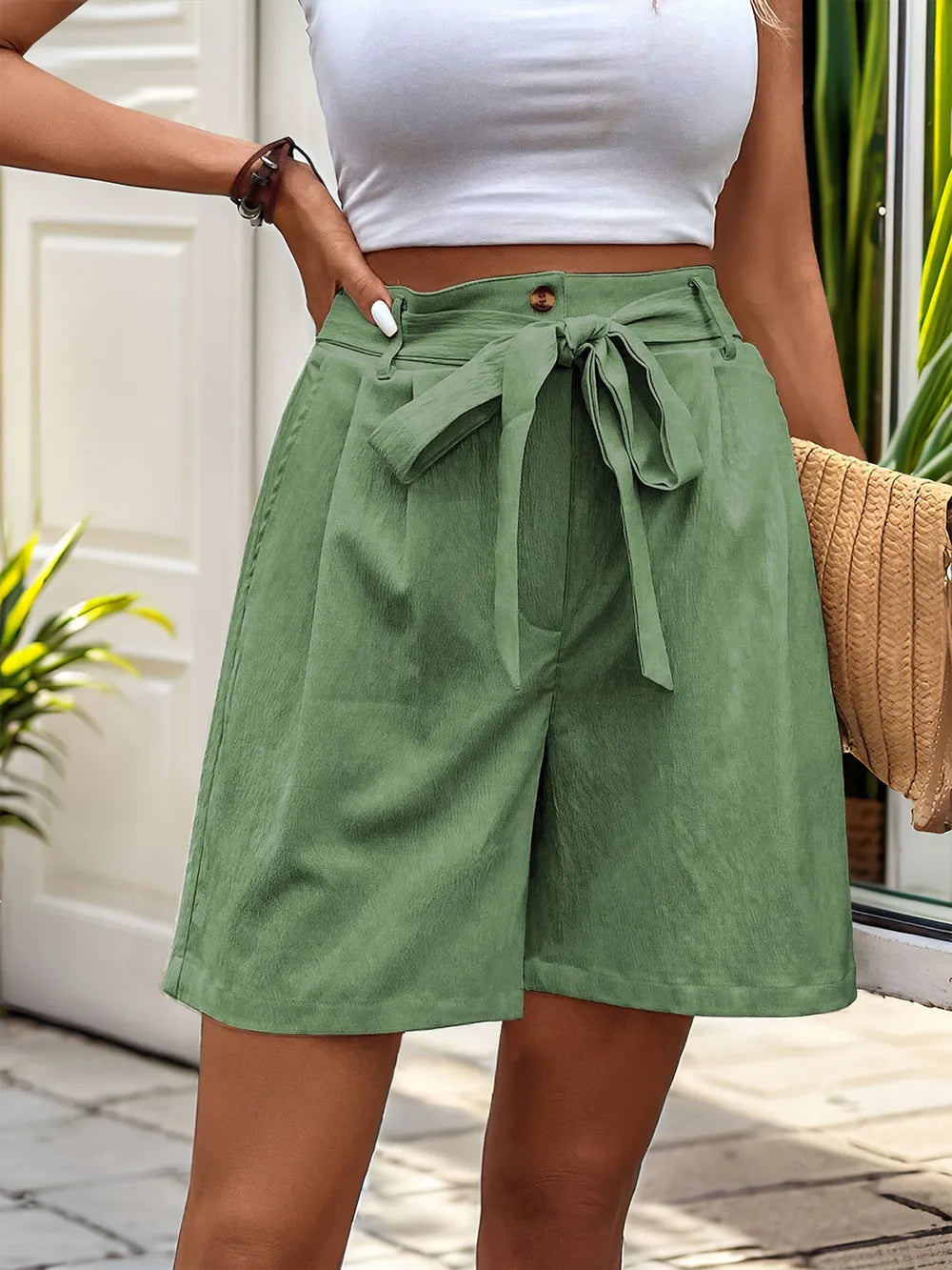 Tied High Waist Shorts Pockets (8)