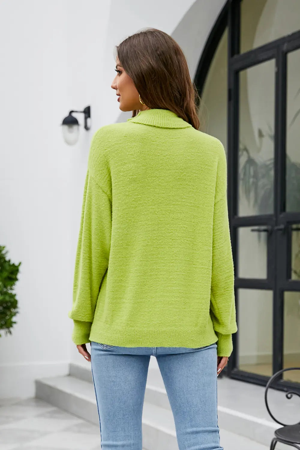 Mock Neck Dropped Shoulder Long Sleeve Sweater (2)