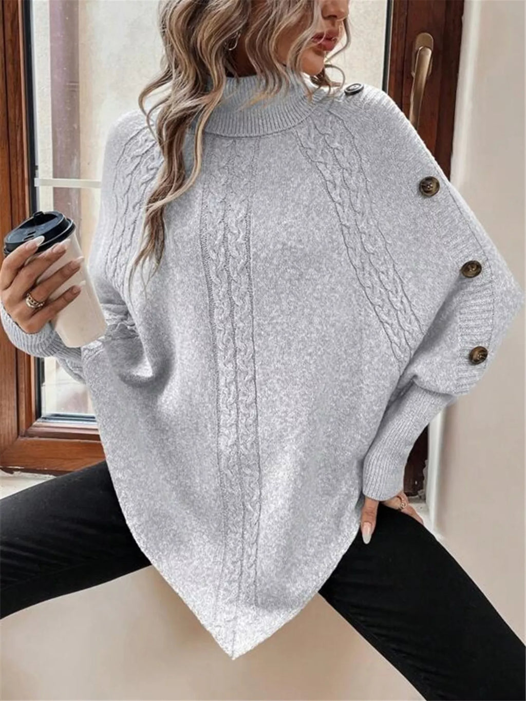 Cable Knit Turtleneck Cape Sweater (20)