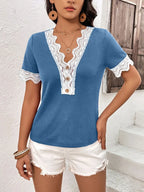 Lace Detail V-neck Short Sleeve T-shirt (7)