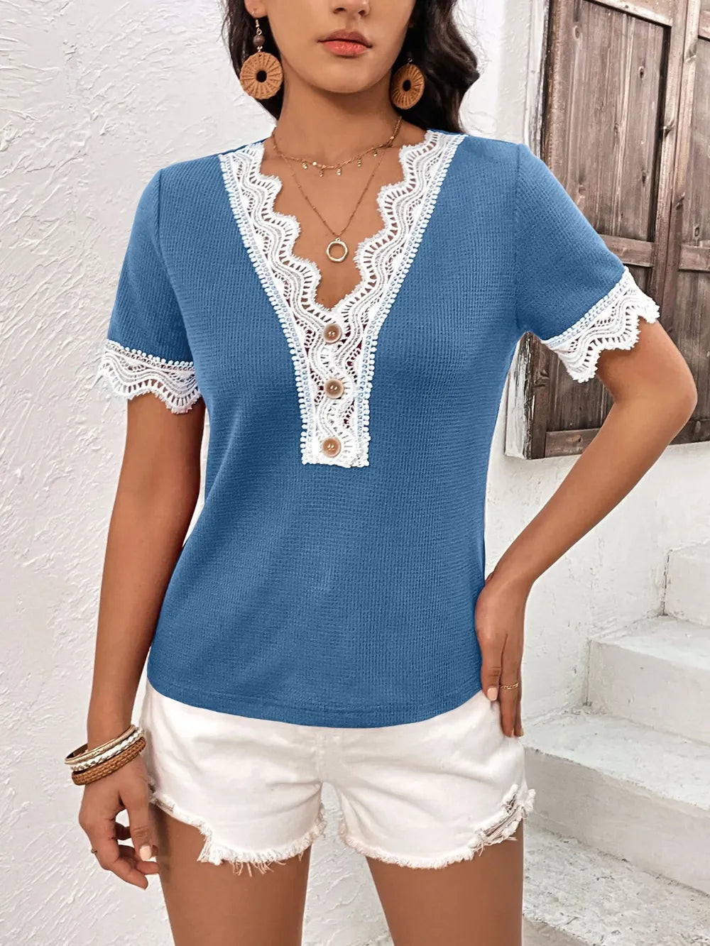 Lace Detail V-neck Short Sleeve T-shirt (7)