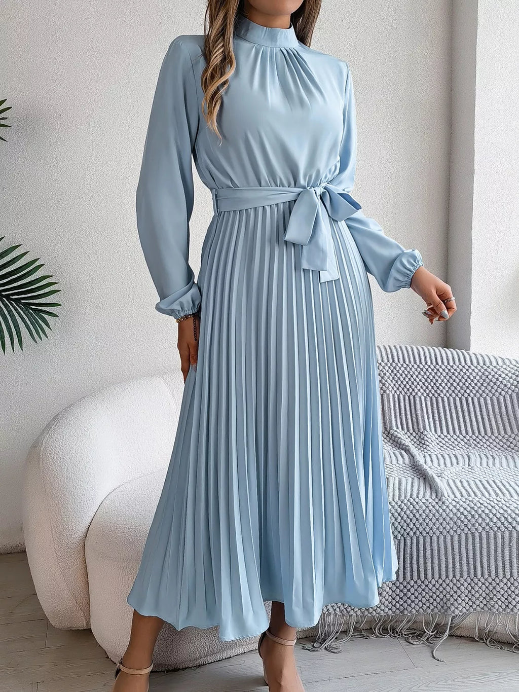 Mock Neck Pleated Midi Dress (9)