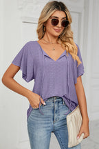 Eyelet Tie Neck Flutter Sleeve Blouse (25)