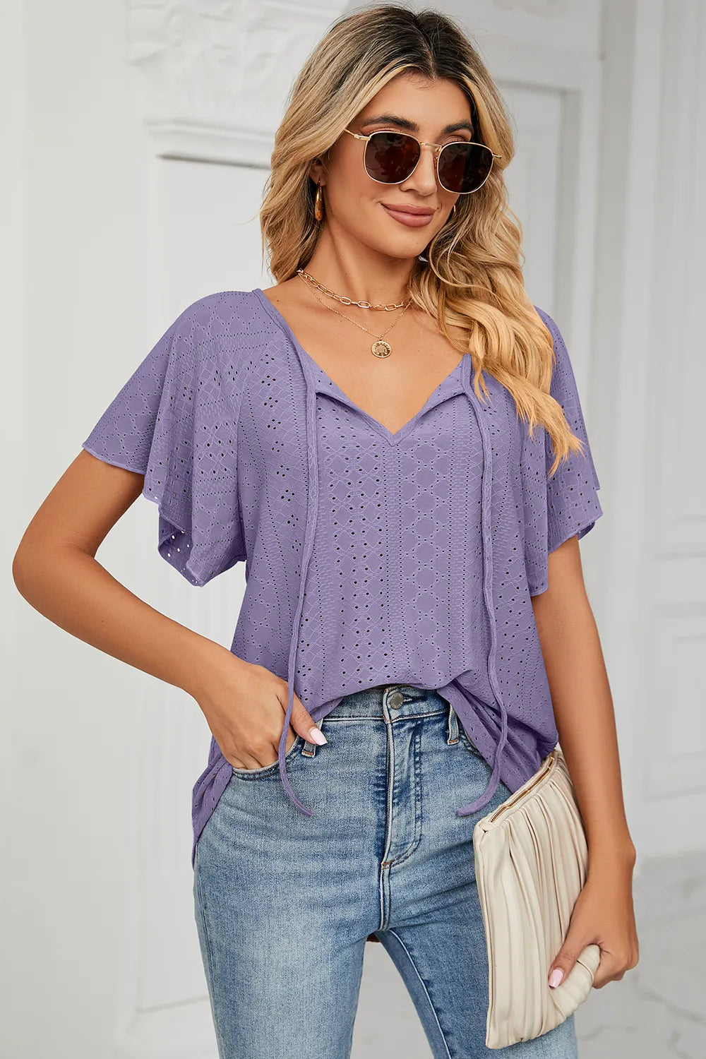Eyelet Tie Neck Flutter Sleeve Blouse (25)