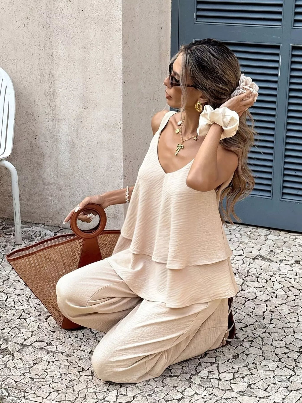 V-neck Top Wide-leg Pants Set (3)