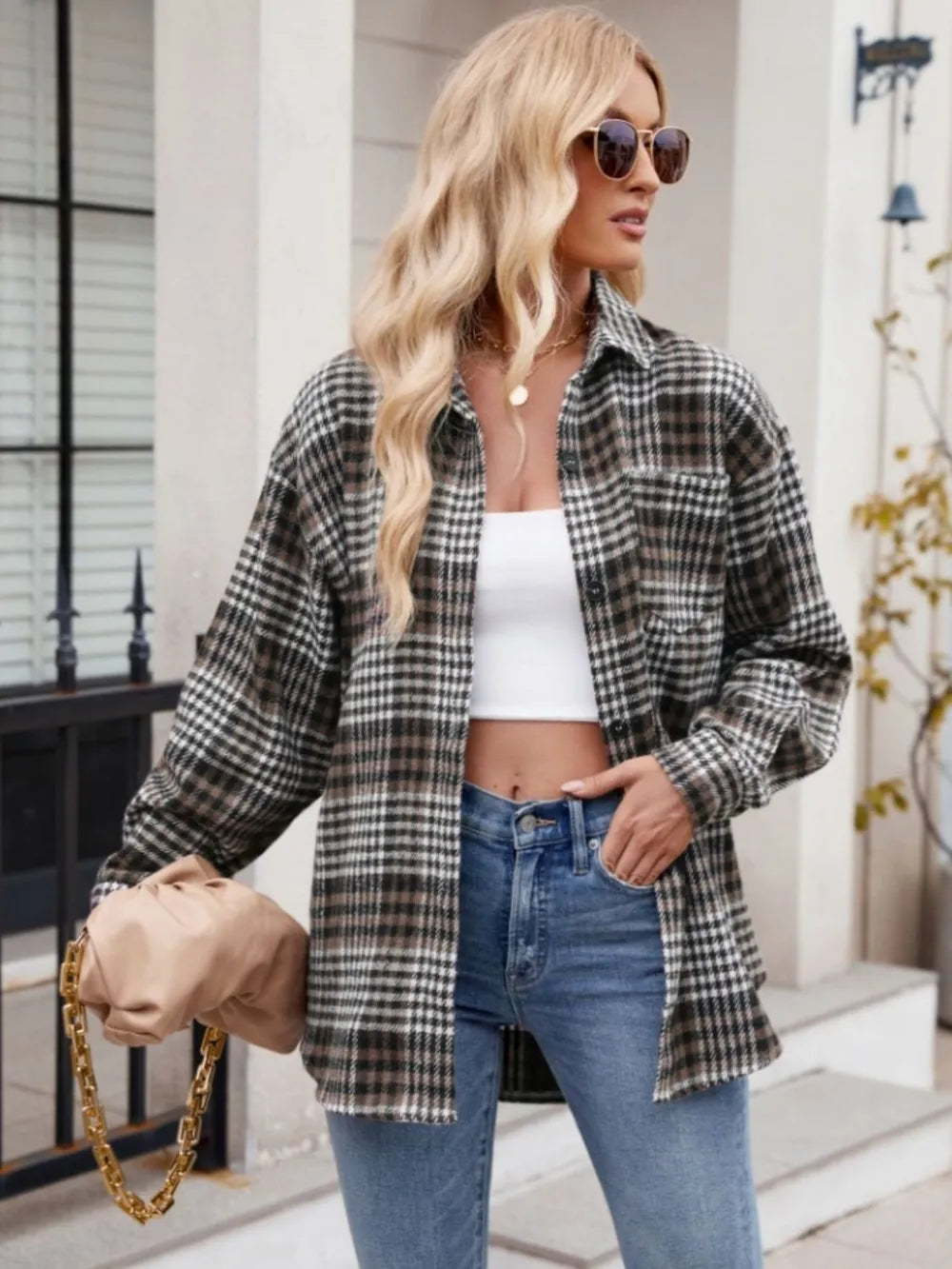 Pocketed Plaid Collared Neck Long Sleeve Shirt (19)