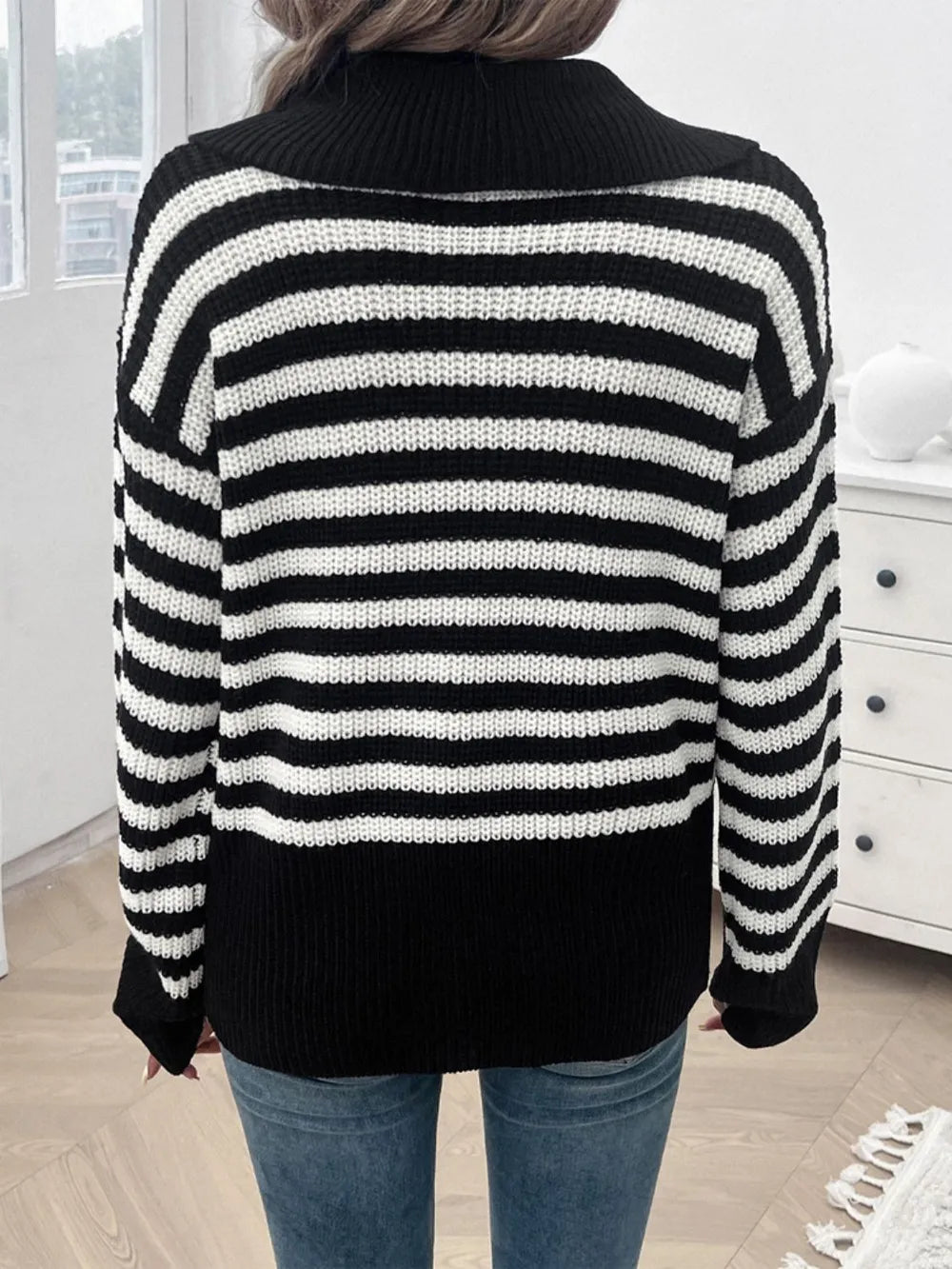 Striped Collared Neck Long Sleeve Sweater (10)