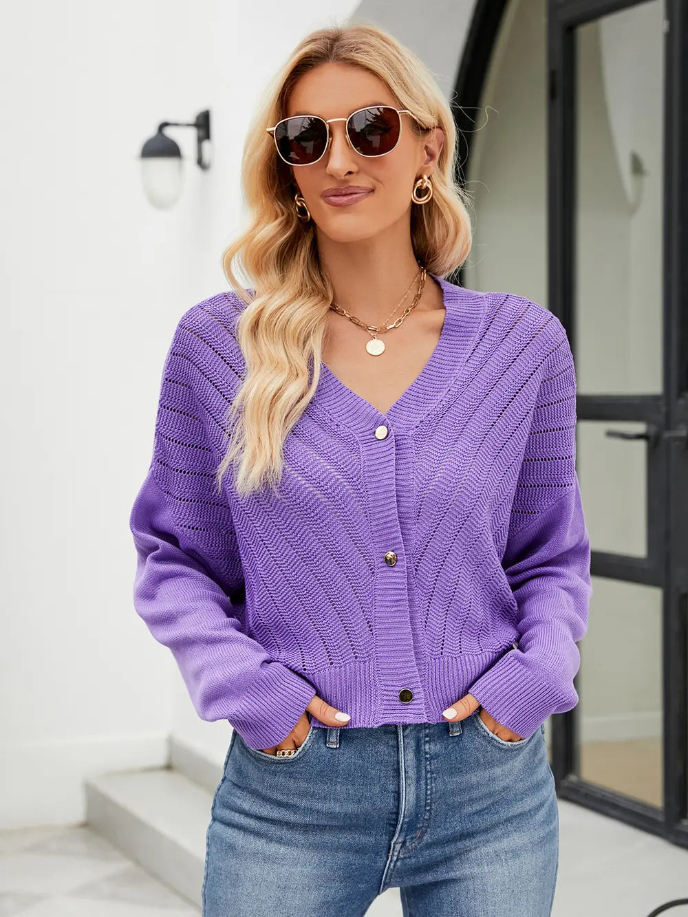 Eyelet Button Front Long Sleeve Cardigan (3)