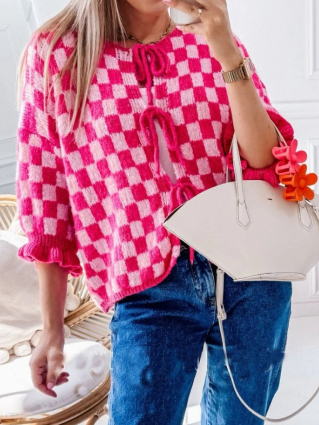 Checkered Tie-front Knit Cardigan (4)