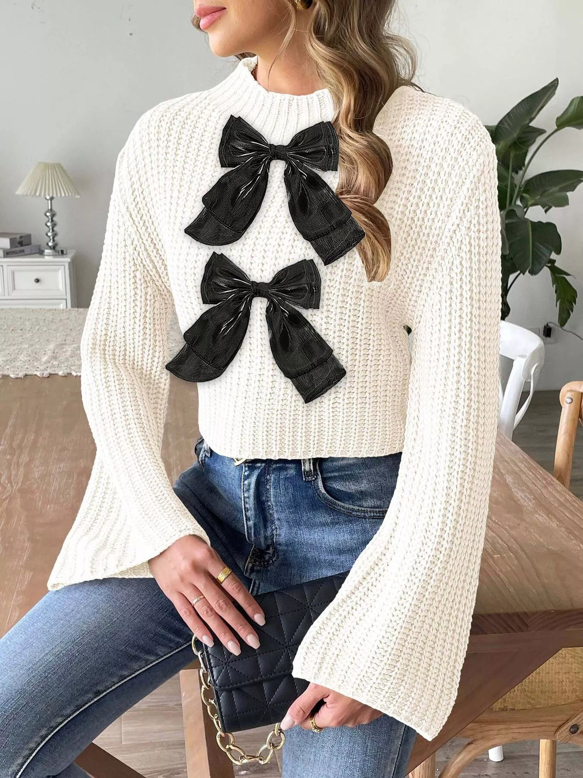 Bow-decorated Mock Neck Cropped Sweater (10)