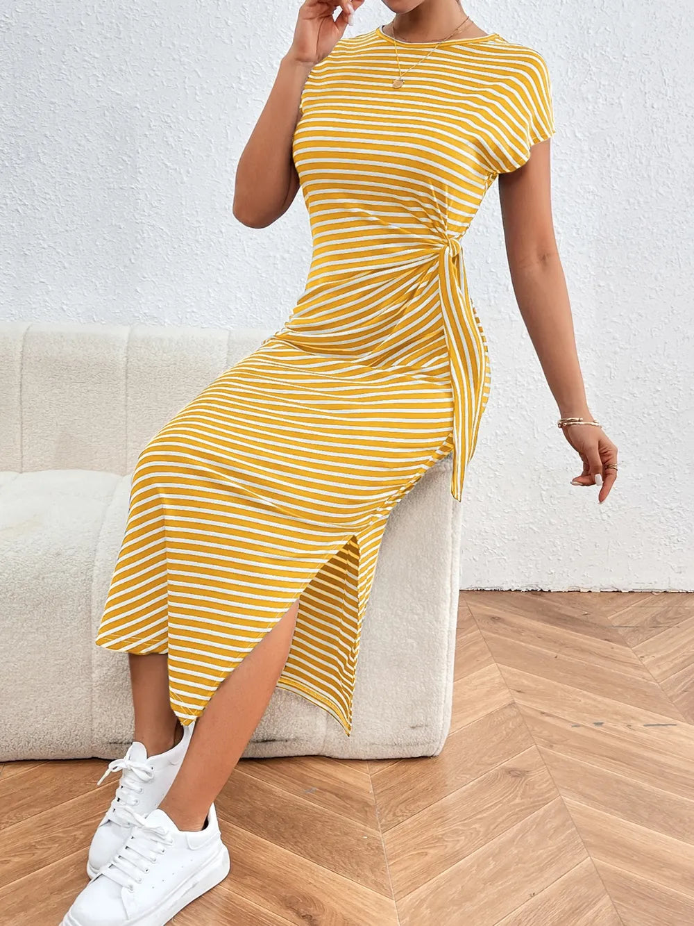 Tied Striped Round Neck Short Sleeve Tee Dress (13)