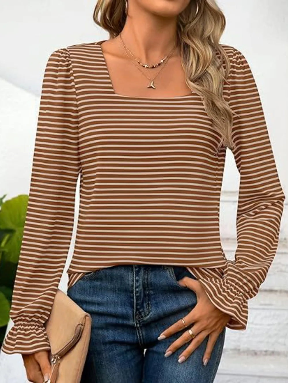 Striped Square Neck Flounce Sleeve Top (32)