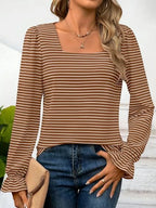 Striped Square Neck Flounce Sleeve Top (32)