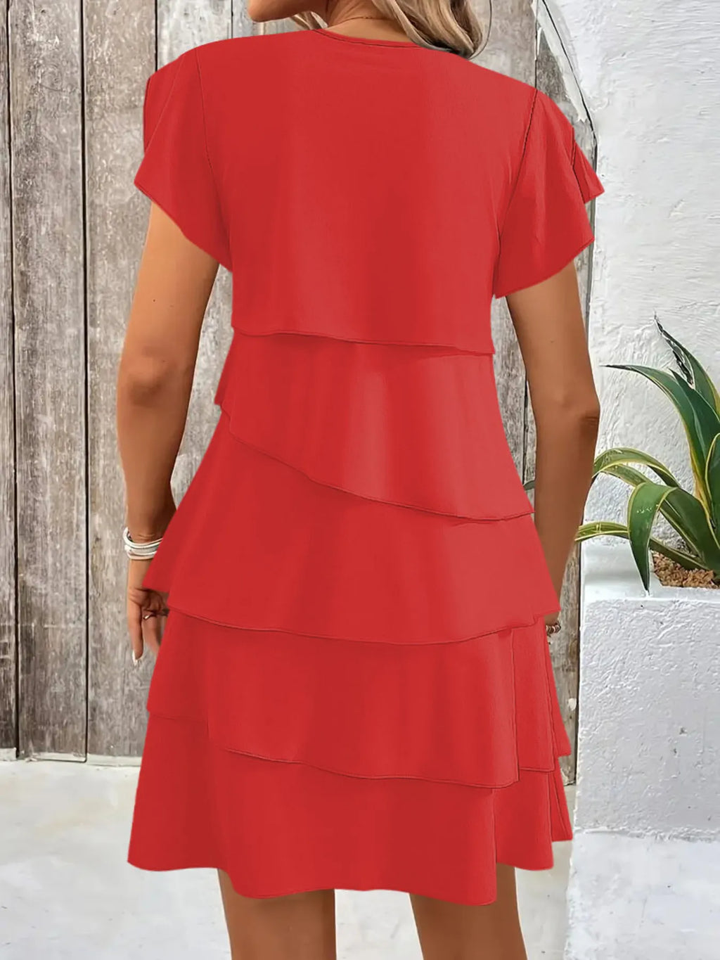 Casual Layered Round Neck Ruffled Sleeve Dress (11)