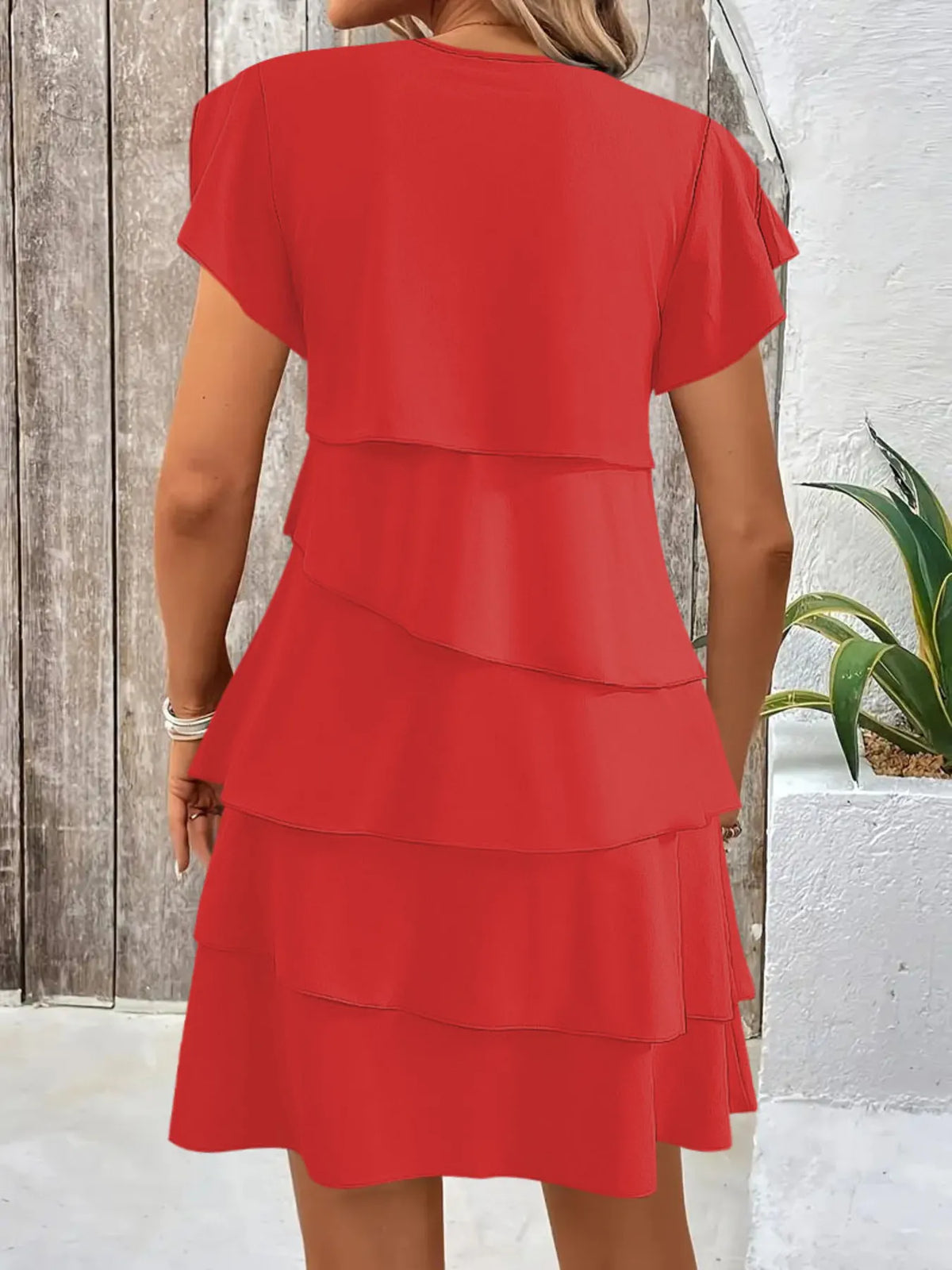Casual Layered Round Neck Ruffled Sleeve Dress (11)