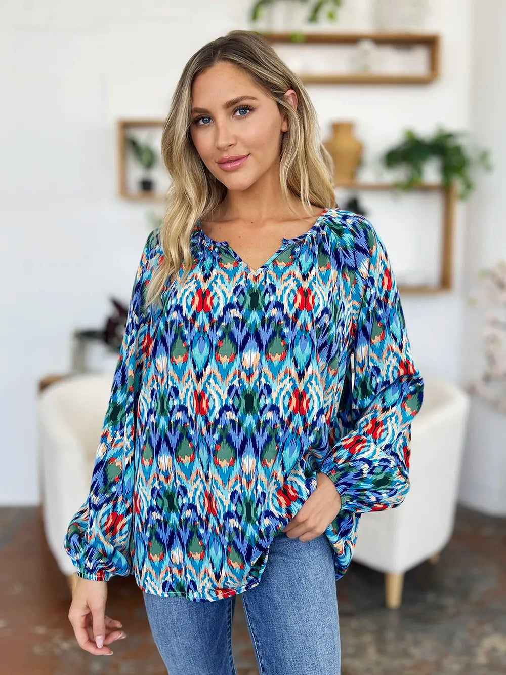 Full Size Printed Balloon Sleeve Blouse (14)