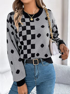 Plaid Round Neck Long Sleeve Sweater (5)