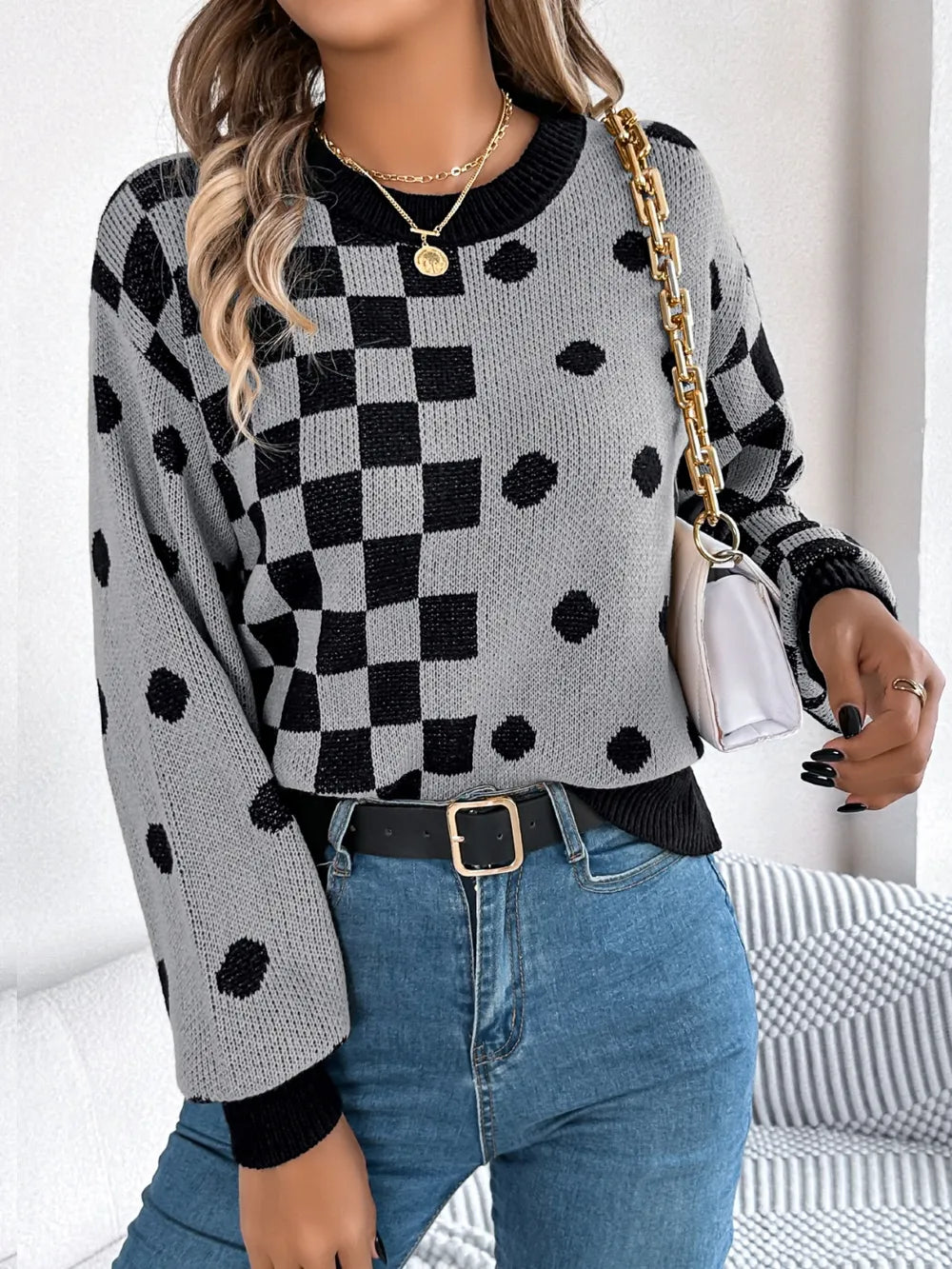 Plaid Round Neck Long Sleeve Sweater (5)